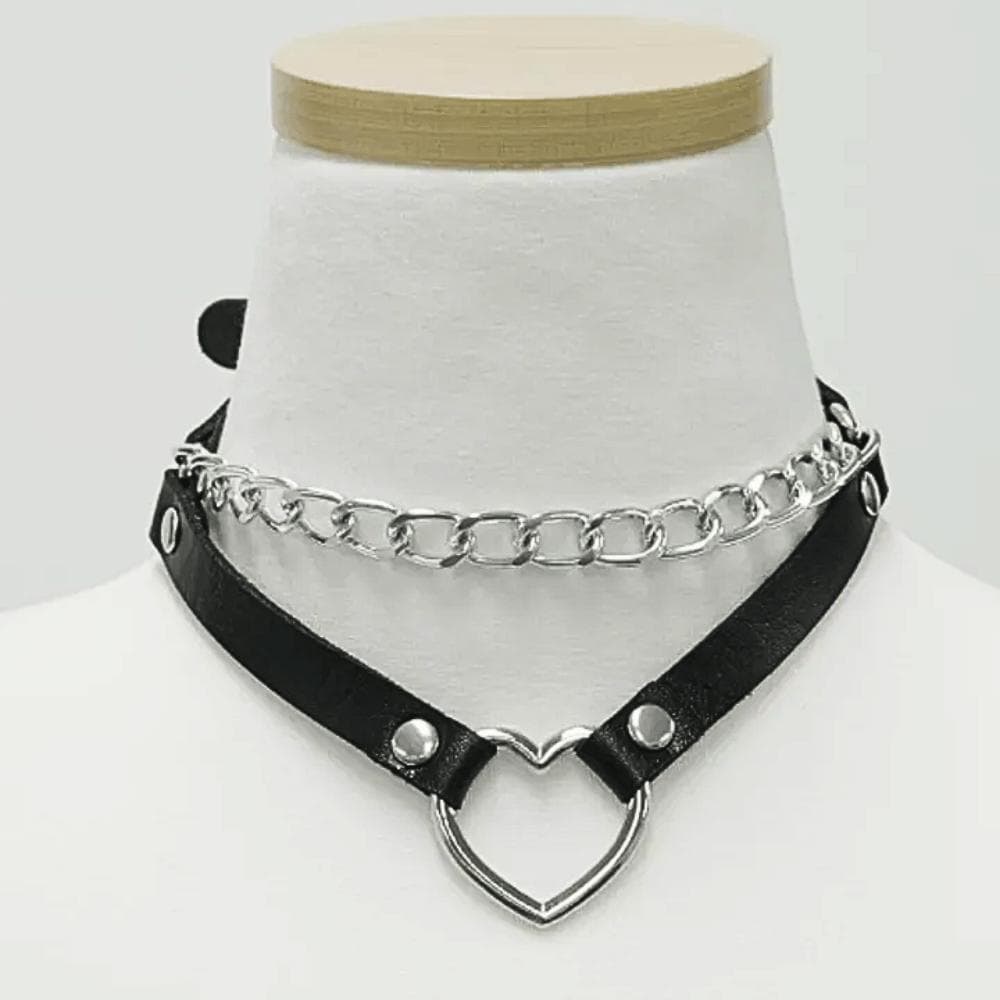 Gargantilha Couro Coração Colar Coleira Choker Gótica Moda Alternativa Punk Acessório Correntes