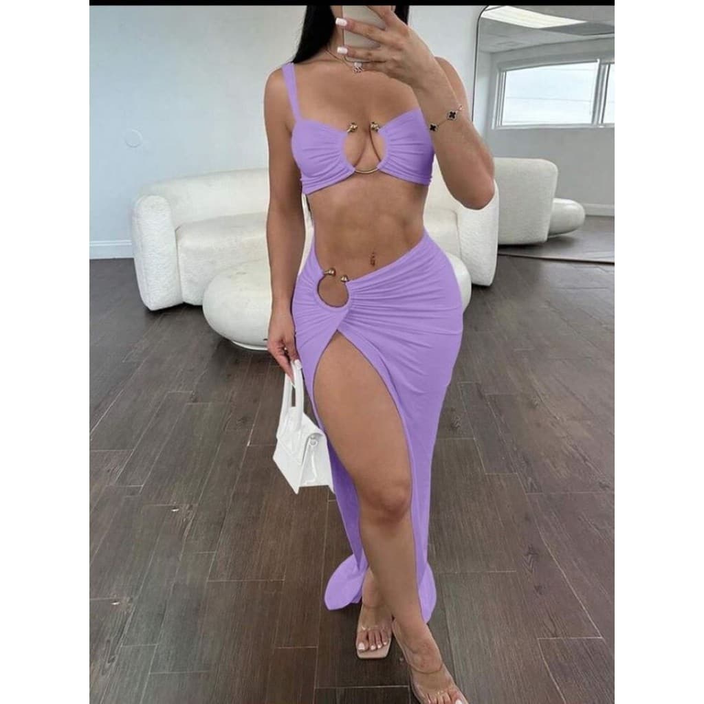 Conjunto feminino de verão cropped alcinha decotado + saia midy com argola casual festas e balada
