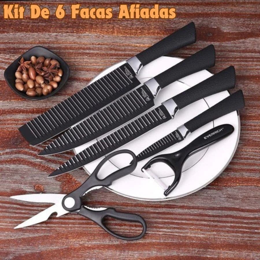 Kit De 6 Antiaderente Facas Inox Afiadas Preto Cozinha Profissional Para Uso Diário