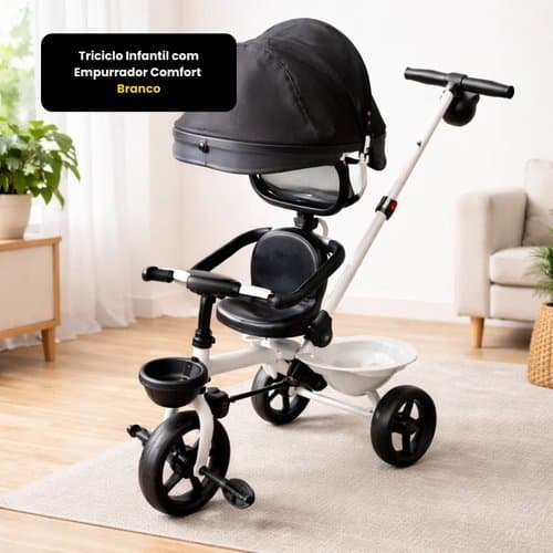 Triciclo Infantil Empurrador Branco Preto Bicicleta Passeio Criança Confortável Seguro Andador