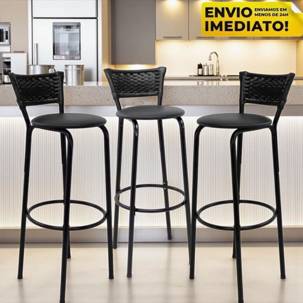 Banqueta Alta 80cm do Chão ao Assento 3 Unidades Cadeira Área Gourmet Cozinha Premium de Junco