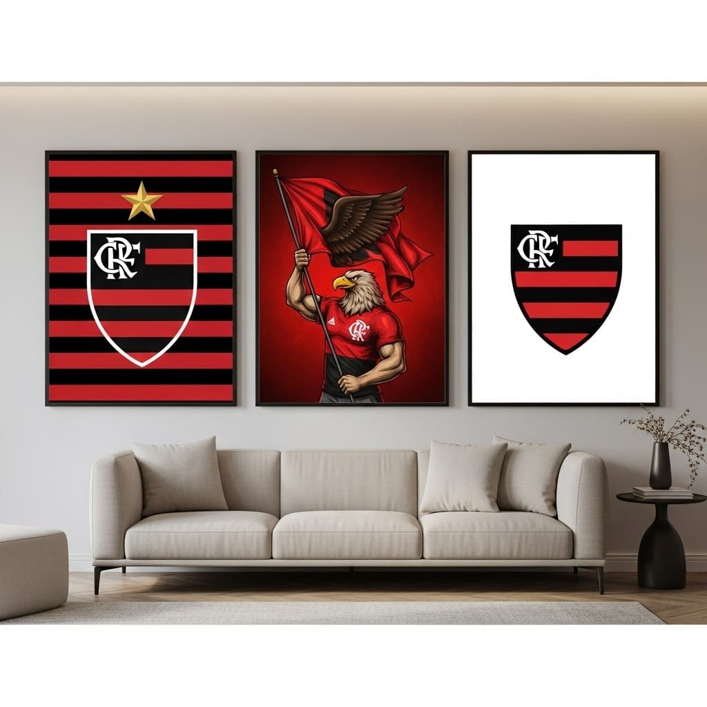 Quadro Decorativo Flamengo Triplo – Estrela Dourada Arte de Torcida - Arte Com Qualidade premium