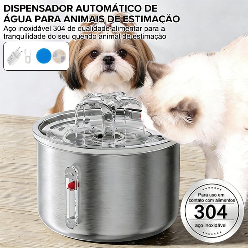 Fonte de Água Automática para Pets 2L em Aço Inoxidável Silenciosa com Janela de Nível para Gatos e Cães