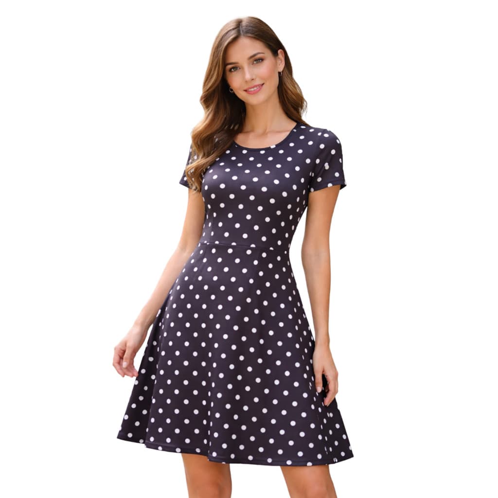 Vestido Feminino Evasê Poá Manga Curta Casual