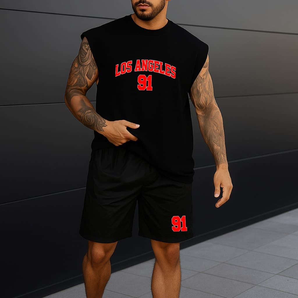 Kit Masculino Regata Oversized Bermuds Tactel Casual Los Angeles Moda Gringa Verão