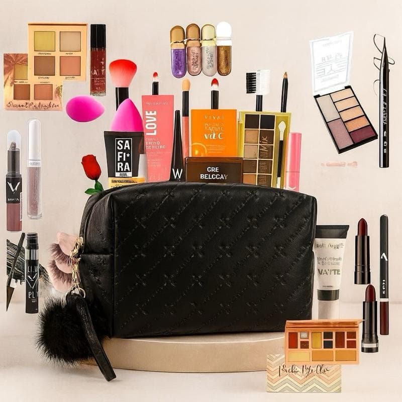 Kit Necessaire e 5 Itens Maquiagem Melhores Marcas Skin Care Capilar Com Gloss Batom Pó Pincéis Cílios Postiços