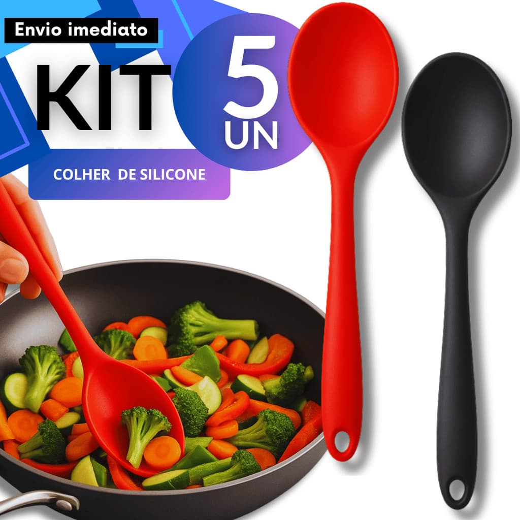 Kit 2/3/5/8 Colher de Silicone 28cm Arroz Risoto Molhos Refogados Resistente Fácil Limpar Vermelho Preto Não Risca