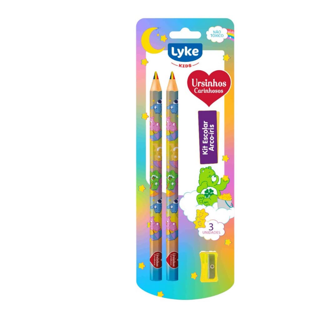 Kit 2 Lápis Arco‑Íris Ursinhos Carinhosos + 1 Apontador Cores Vibrantes