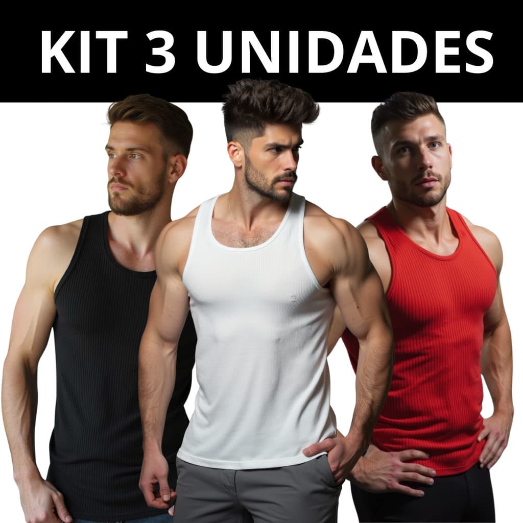 Kit 3 Regatas modelo americano academia Canelada Algodão Cavada ribana esporte Branco Preto