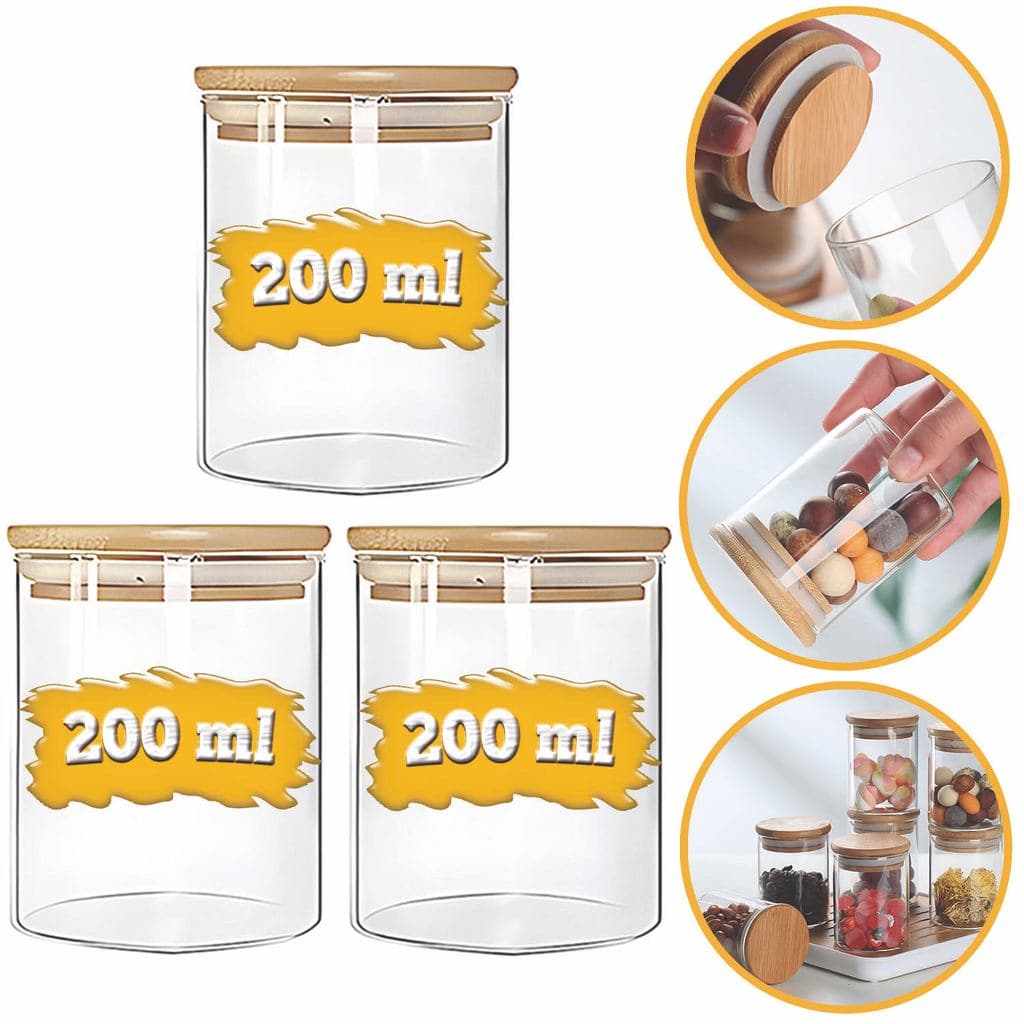 Kit 3 Potes Herméticos de Vidro com Tampa de Bambu 200ml para Temperos e Condimentos