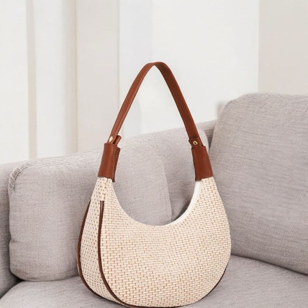Bolsa Feminina Meia Lua em Palha Forrada de Cetim De Ombro Lançamento sk 02