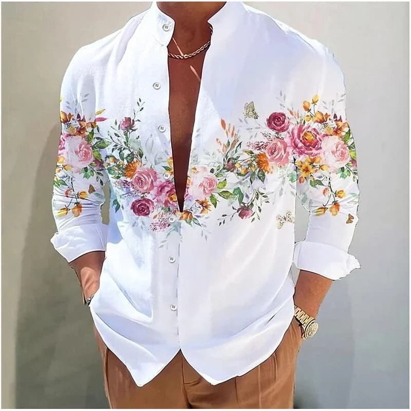 Camisa masculina estampada com gola alta, para uso ao ar livre, manga longa, roupa estampada, design de moda, casual e c