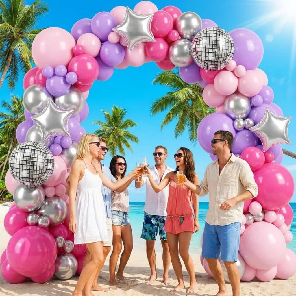 Kit 123 Bexigas Arco Desconstruído Disco Pop Rosa e Roxo Festa Menina M1090