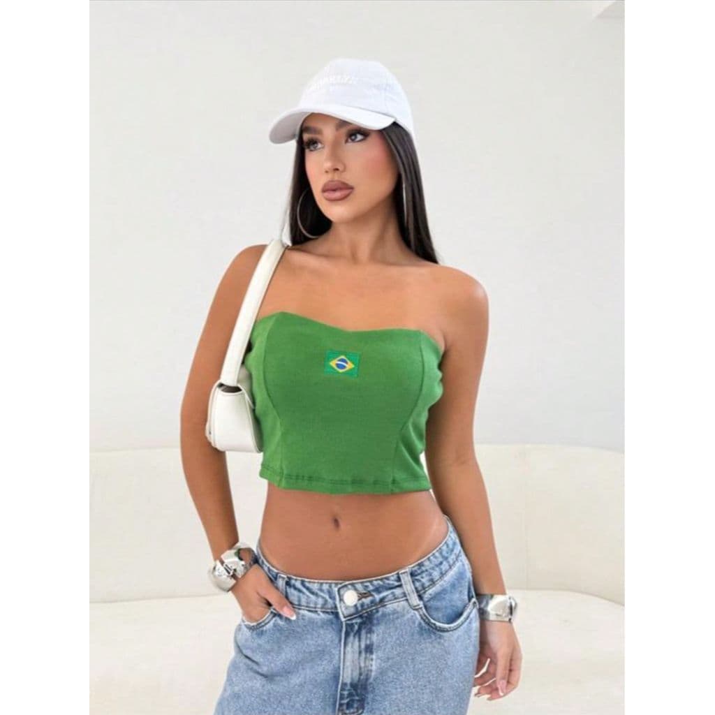 cropped brasil feminino, top tomara que caia, cropped verde bandeira, blusa copa feminina, look verão, moda casual