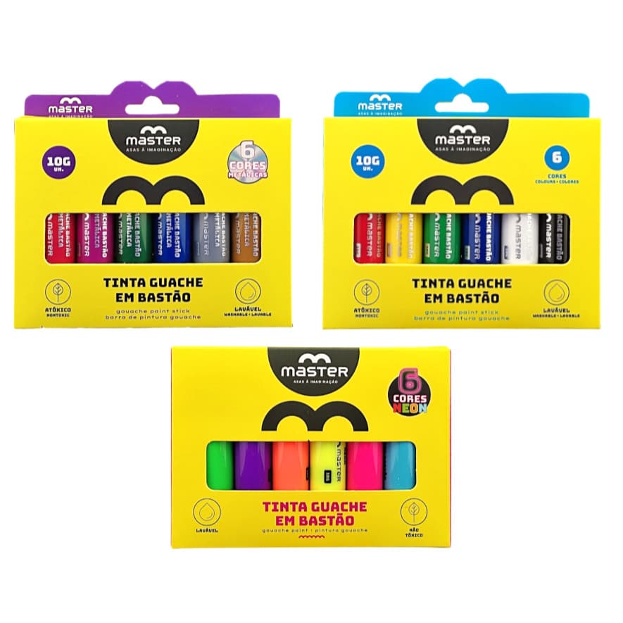 Tinta Guache em BASTÃO 6 Cores NEON - METÁLICA - CORES PRIMÁRIAS - Retrátil - Lavavél e Não Tóxico