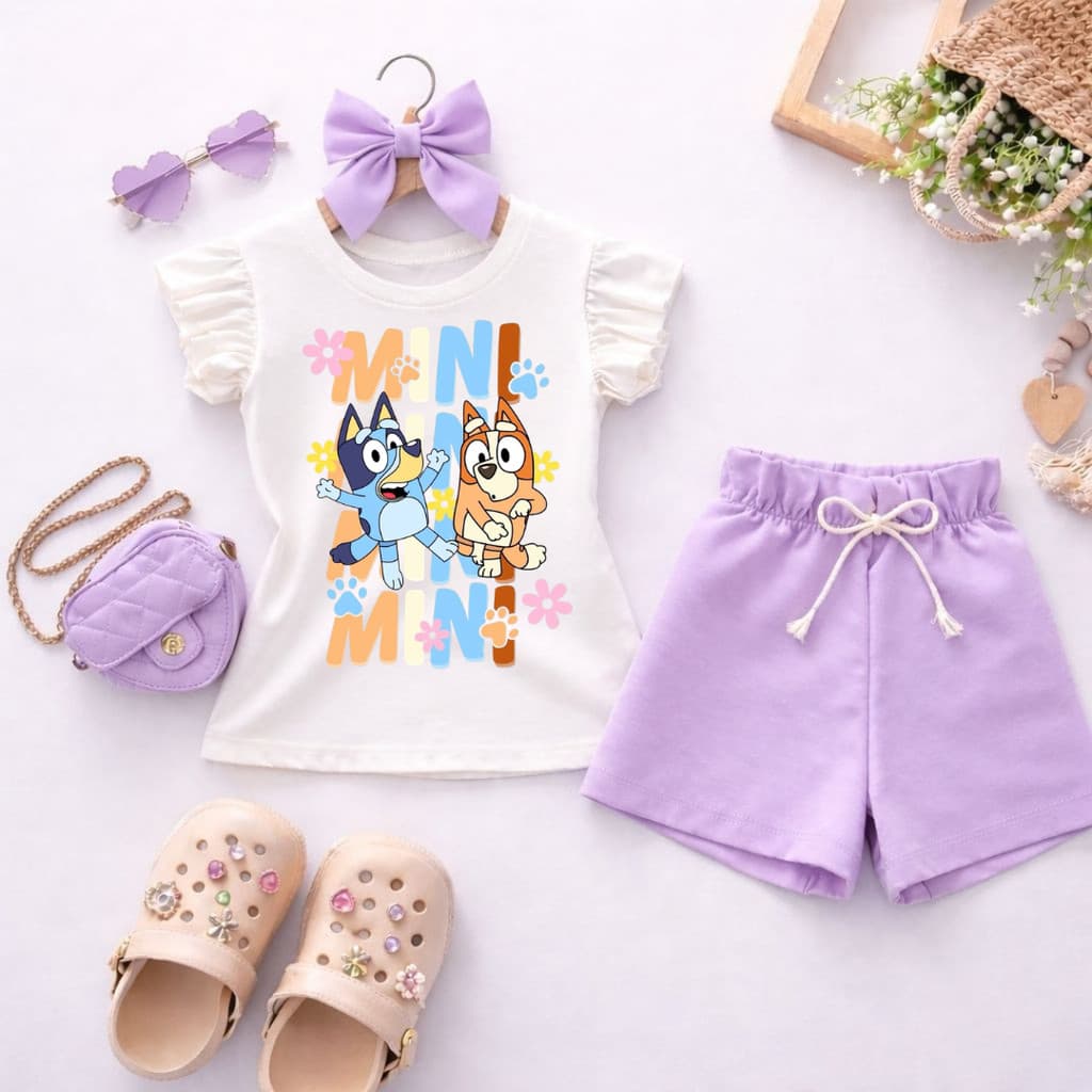 Conjunto Infantil Menina Blusa Babado Branca Cachorrinhos Fofo Blues Patinhas + Short Lilás Roupa Infantil Fashion