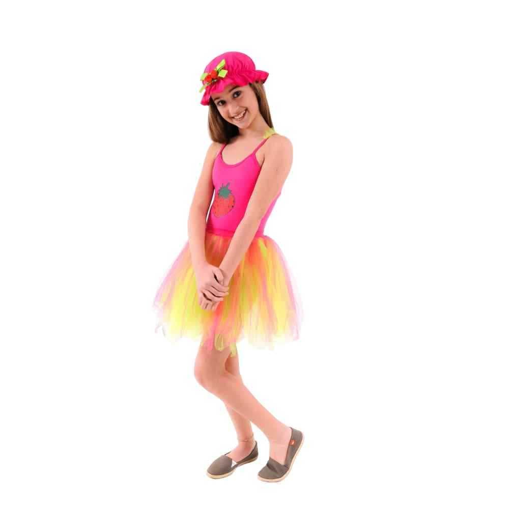Fantasia Infantil Boneca Pink Morango Com Chapeu Saia Tule E Colan