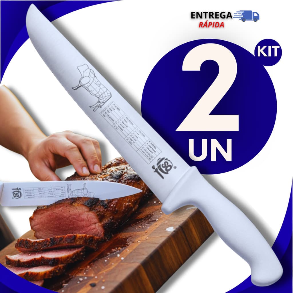 Jogo 2 Facas Carne Chef Aço Cabo Branco 10" Profissional Churrasco Entre as melhores facas de cozinha Premium Utilidades