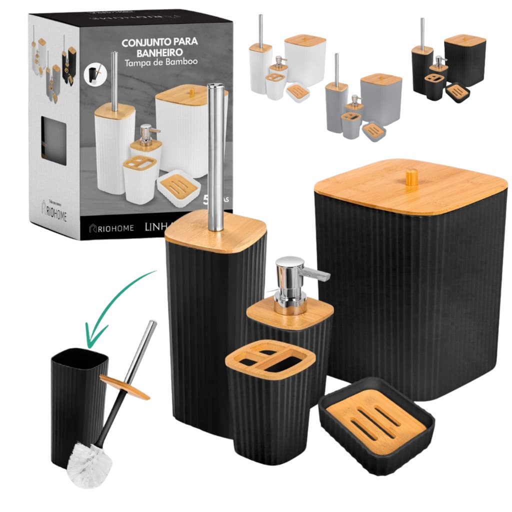 Kit Conjuto Acessórios P/ Banheiro Lavabo Luxo 5 Peças Bambu Cor Preto