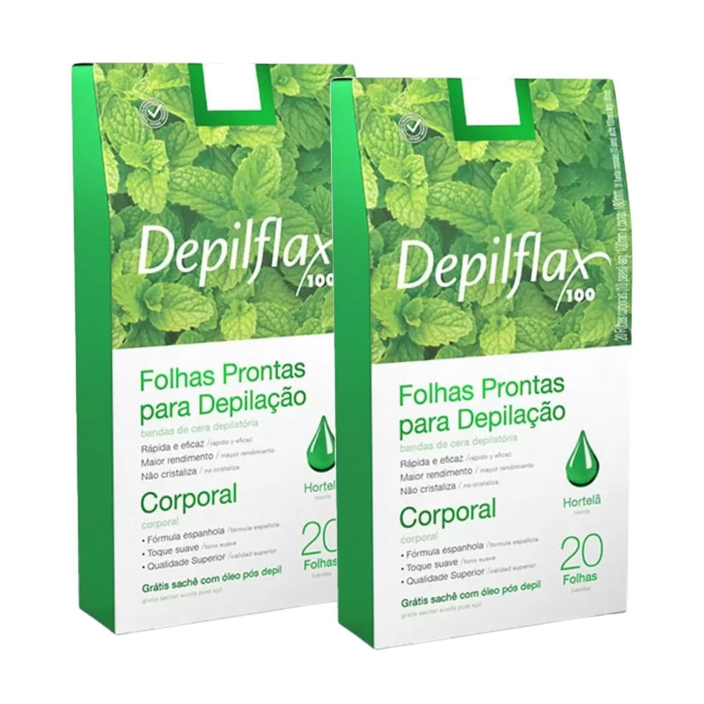Kit 2 Caixas Folhas Depilatórias Prontas Depilação Corporal Pernas Depilflax Hortelã 20 Unidades