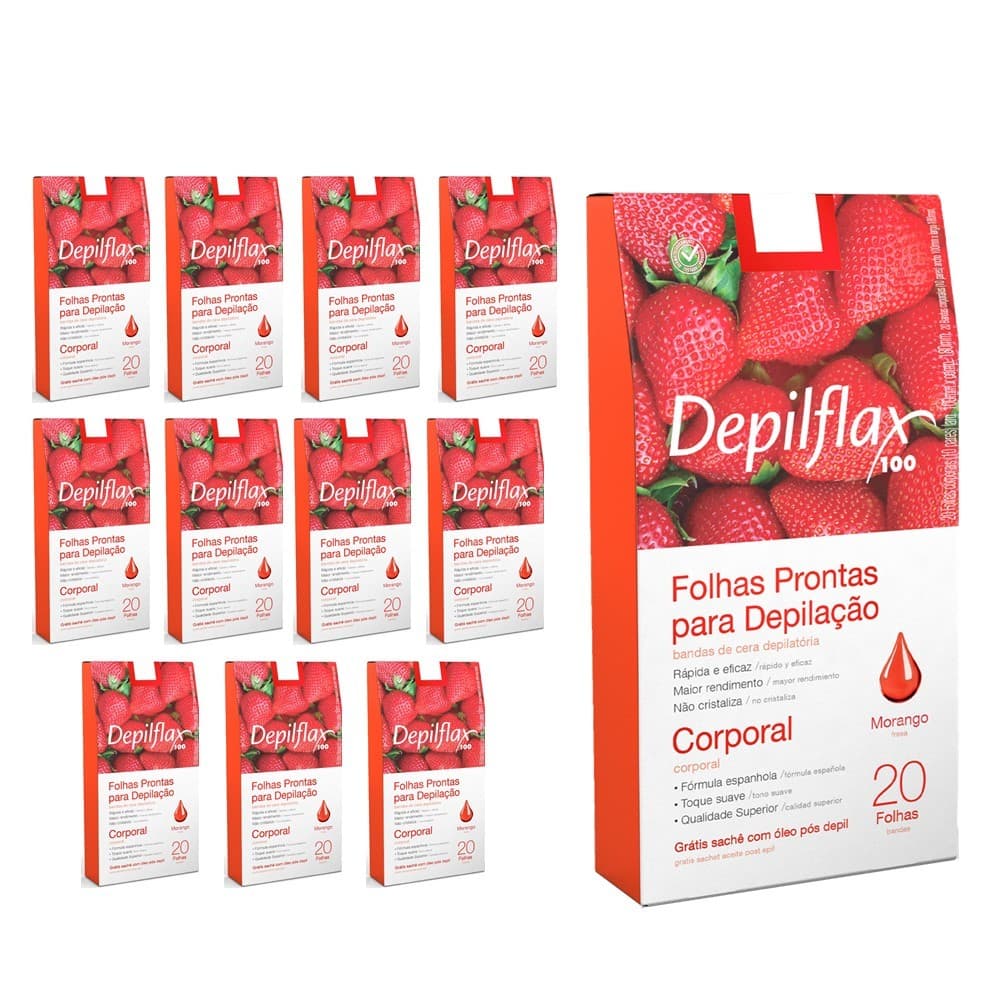Kit 12 Caixas Folhas Depilatórias Prontas Depilação Corporal Pernas Depilflax Morango 20 Unidades