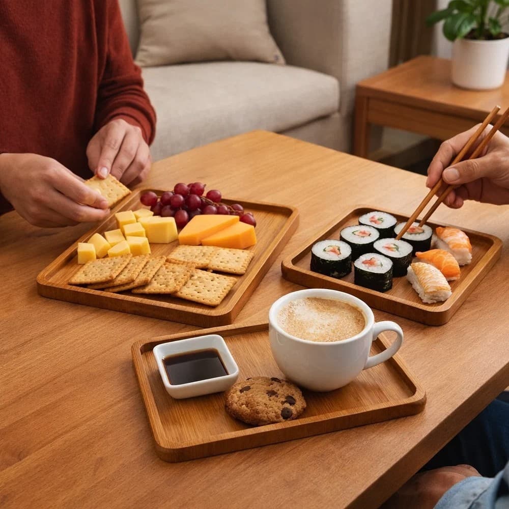Conjunto 4 Petisqueiras Madeira Quadrada Bandeja Servir Aperitivos Queijo Amendoim Tábua Kit