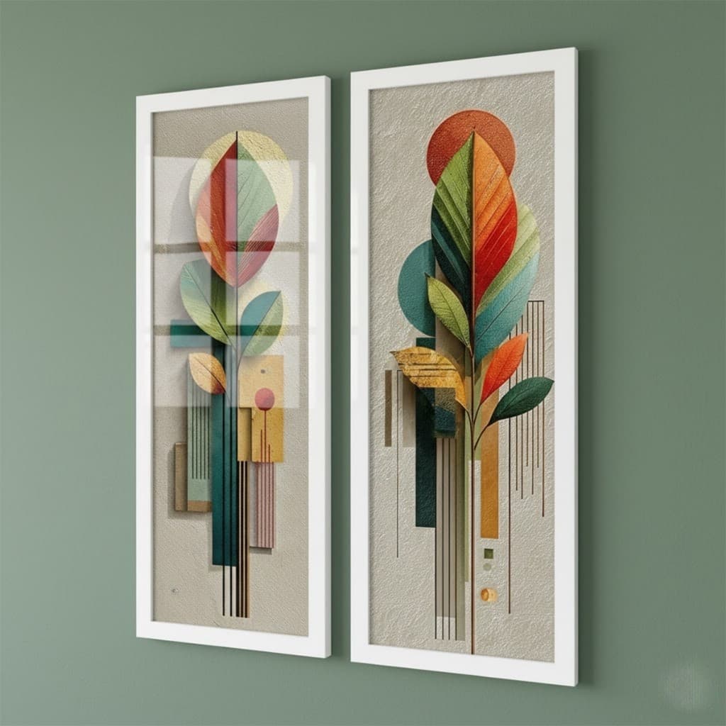 Kit 2 Quadros 18x45 Cm Folhas Abstratas Boho Modernas Quarto