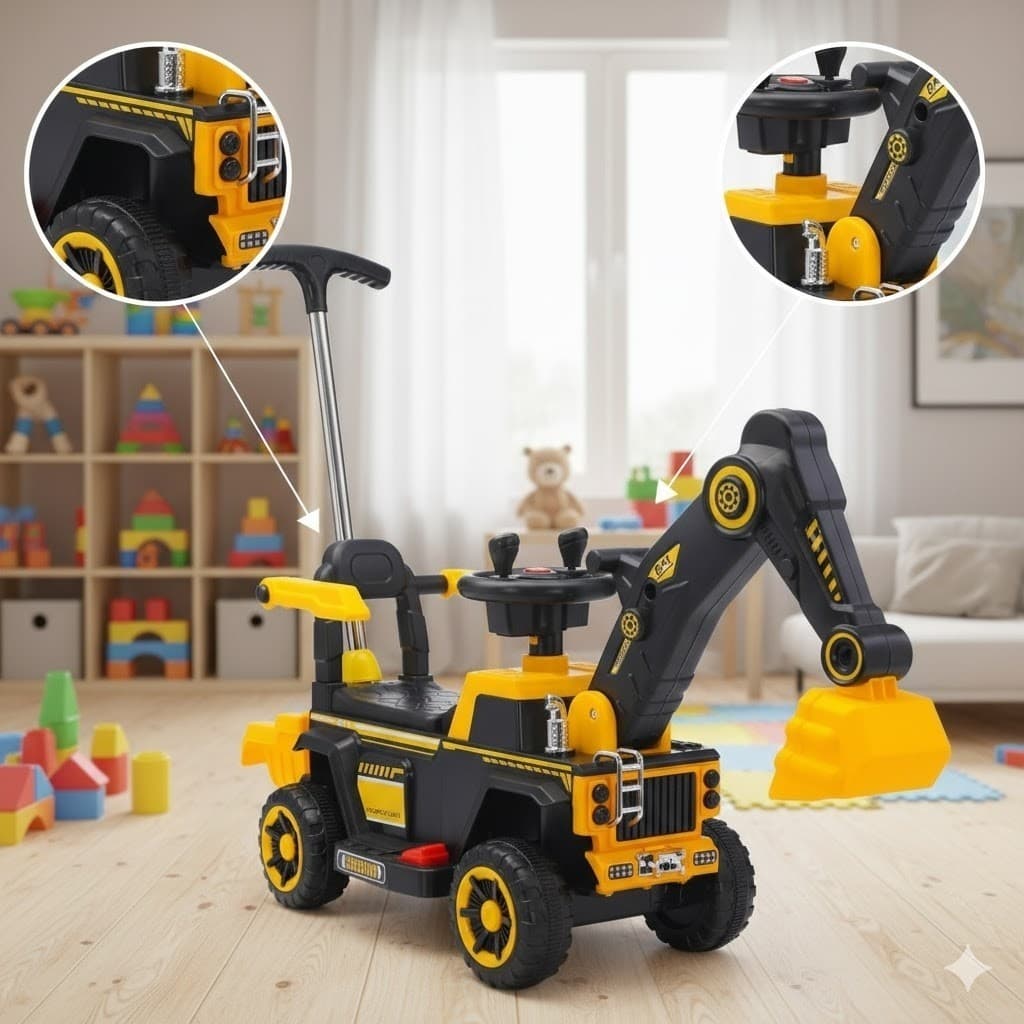 Retroescavadeira Elétrica Infantil 6V Trator Pá Móvel Alça Empurrar Bateria Amarela