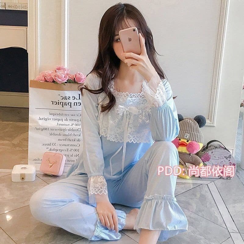 Pijamas femininos de manga comprida primavera outono renda estilo fino doce bonito meninas versão coreana estilo princes