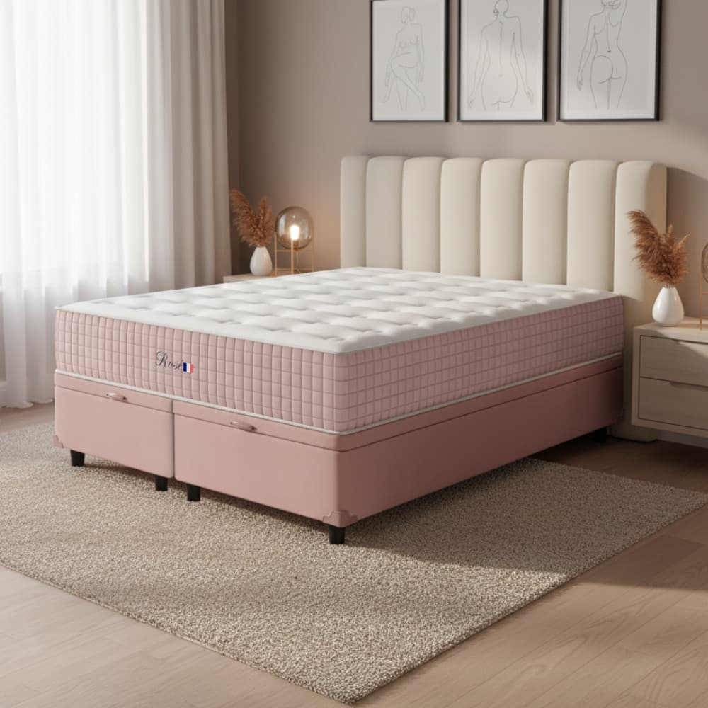 Cama Box Baú Casal Colchão Casal Queen Rosé Molas Ensacadas 158x198x28cm