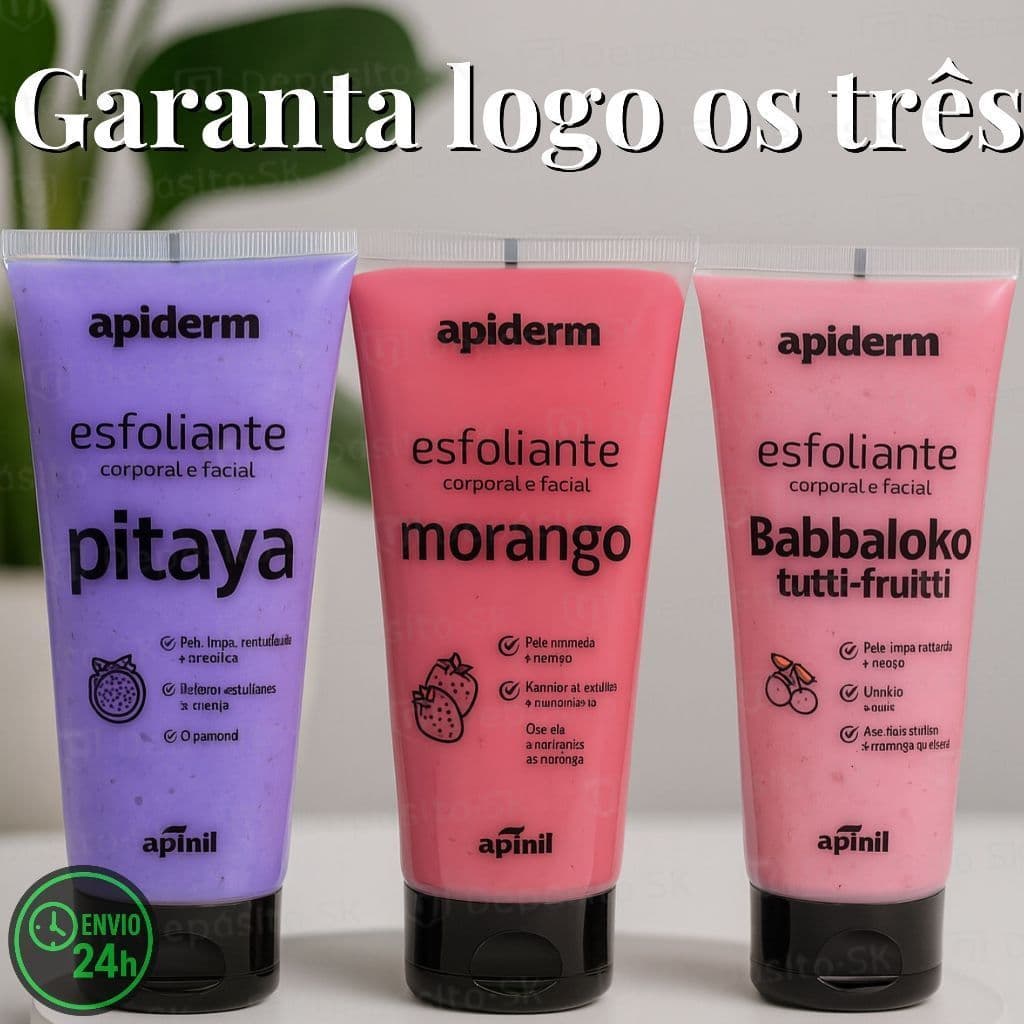 Esfoliante Corporal e Facial: Pitaya, Morango ou Tutti Frutti. Kit 1 ou 3 un. Apiderm 190g