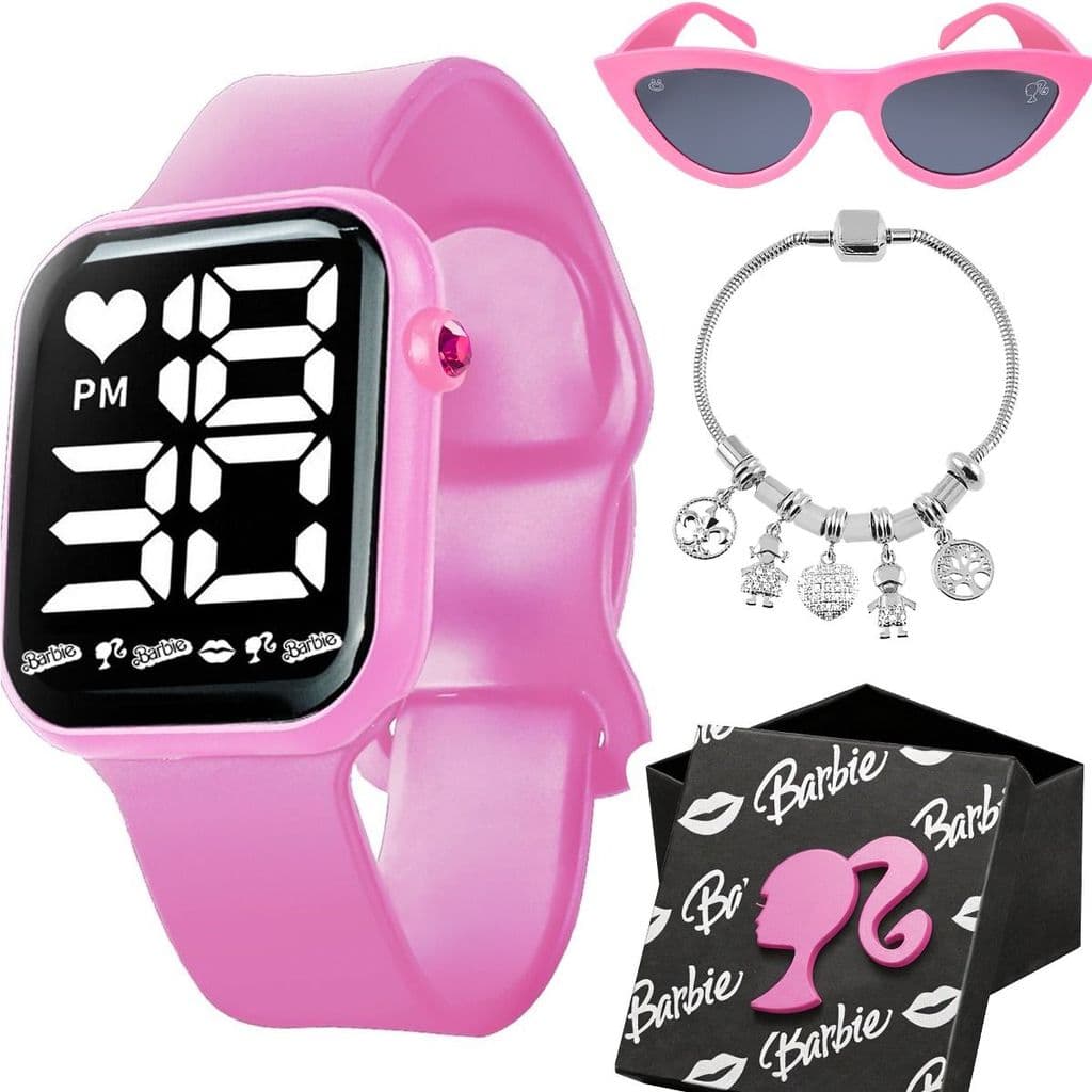 Relogio Digital Rosa Infantil Led + Caixa + Oculos + Colar data barbie presente social luz criança