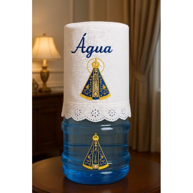 Capa de Galão de Água em Linho com Bordado Nossa Senhora Aparecida – Protetor Decorativo 20L com Renda