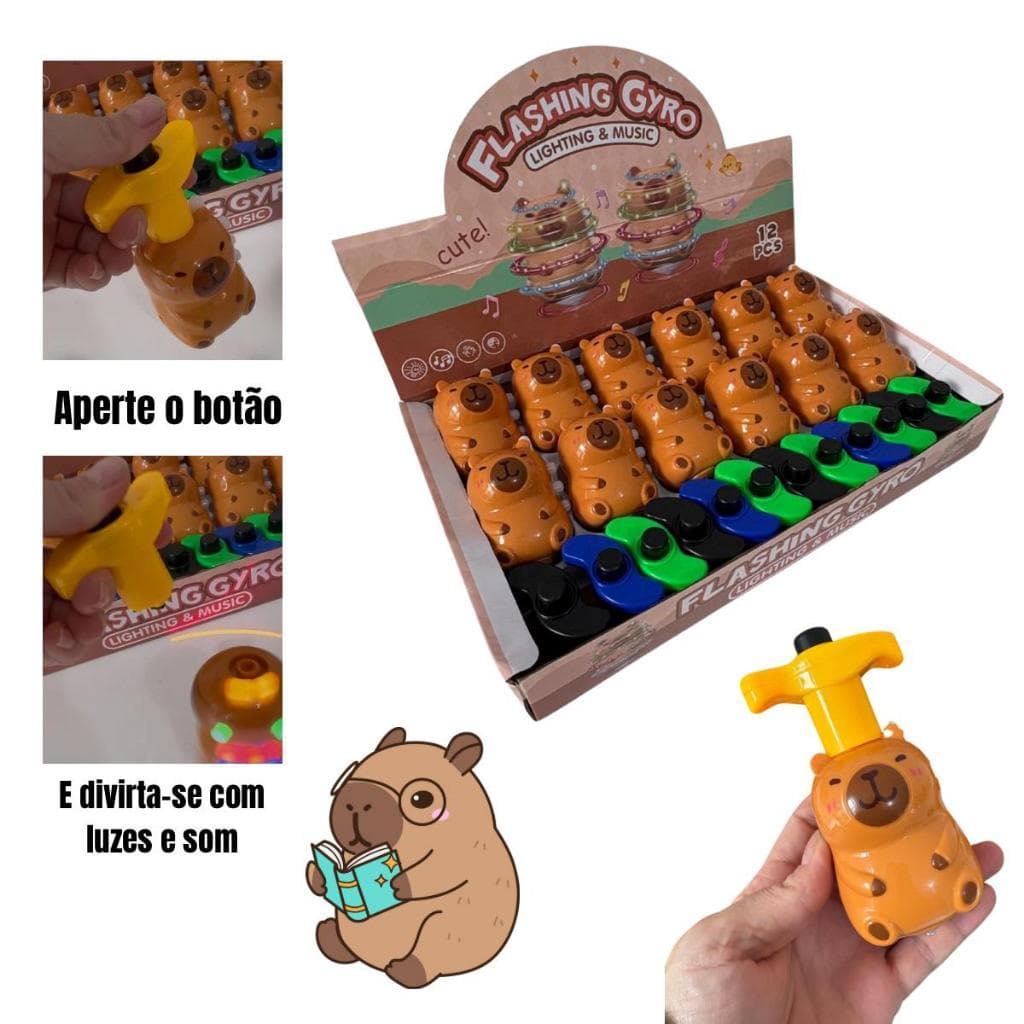 brinquedo Pião lançador com Luz e Som Formato Capivara Ursinho para Crianças  -Pião Divertido