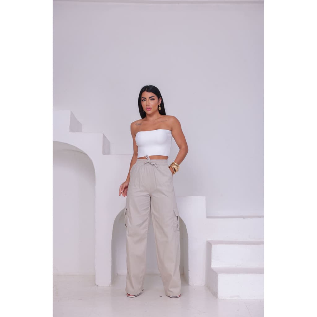 Calça Pantalona Cargo Bolsos Laterais Elástico Cintura Alta