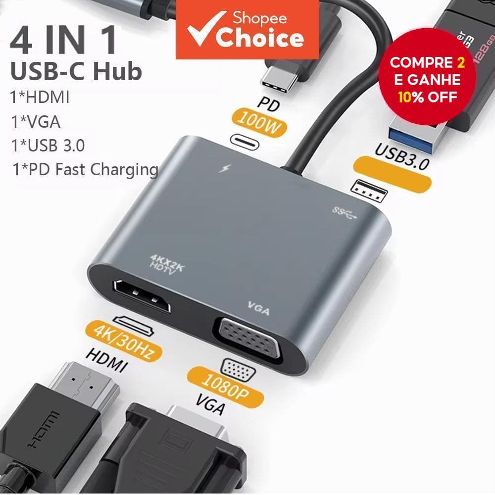 Adaptador novo Tipo C HDMI HD 4K VGA USB 3.0 PD para adaptador de exibição independente com várias portas para laptop.