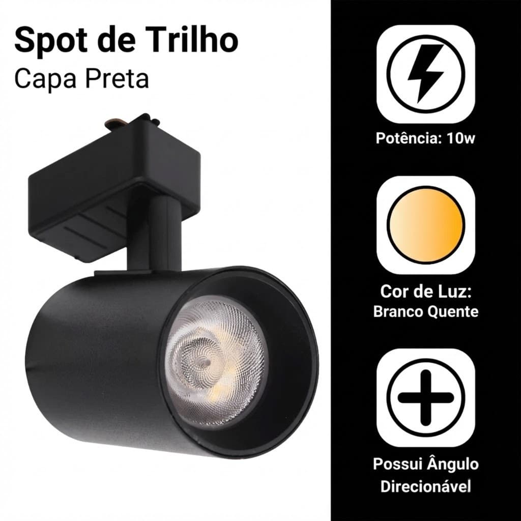 Spots LED para Trilho 10W Preto Luz Quente Bivolt Econômico