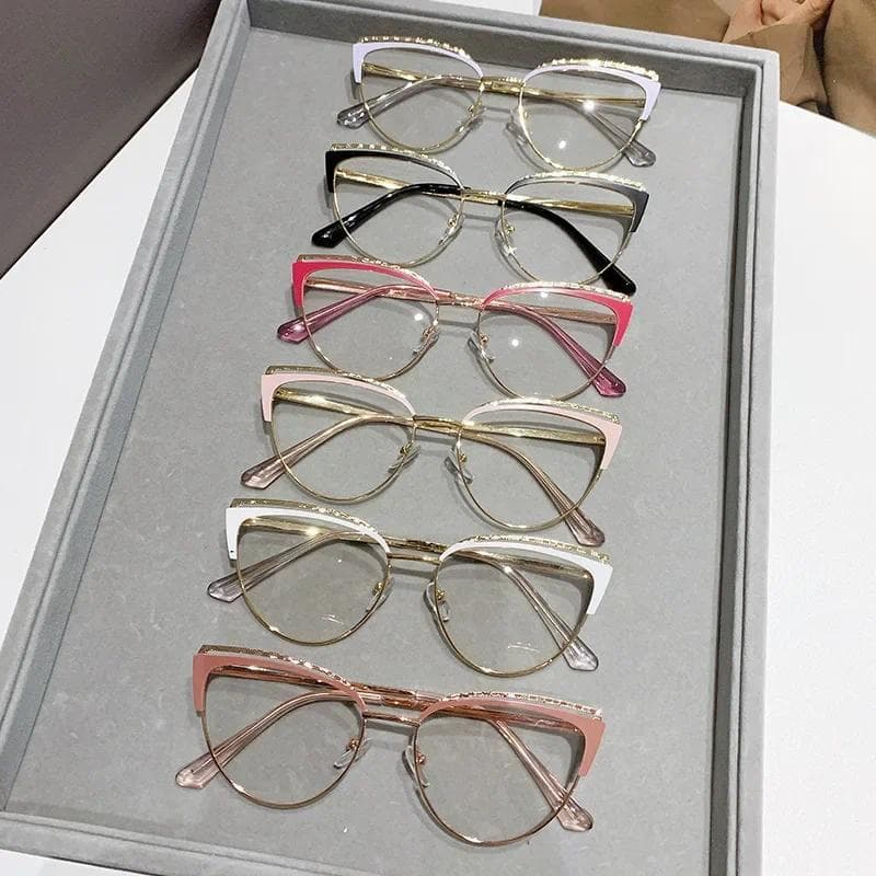 Óculos Femininos Anti-Luz Azul Estilo Olho de Gato, Armação de Metal, Óculos Ópticos Oversized, Óculos Vintage Femininos