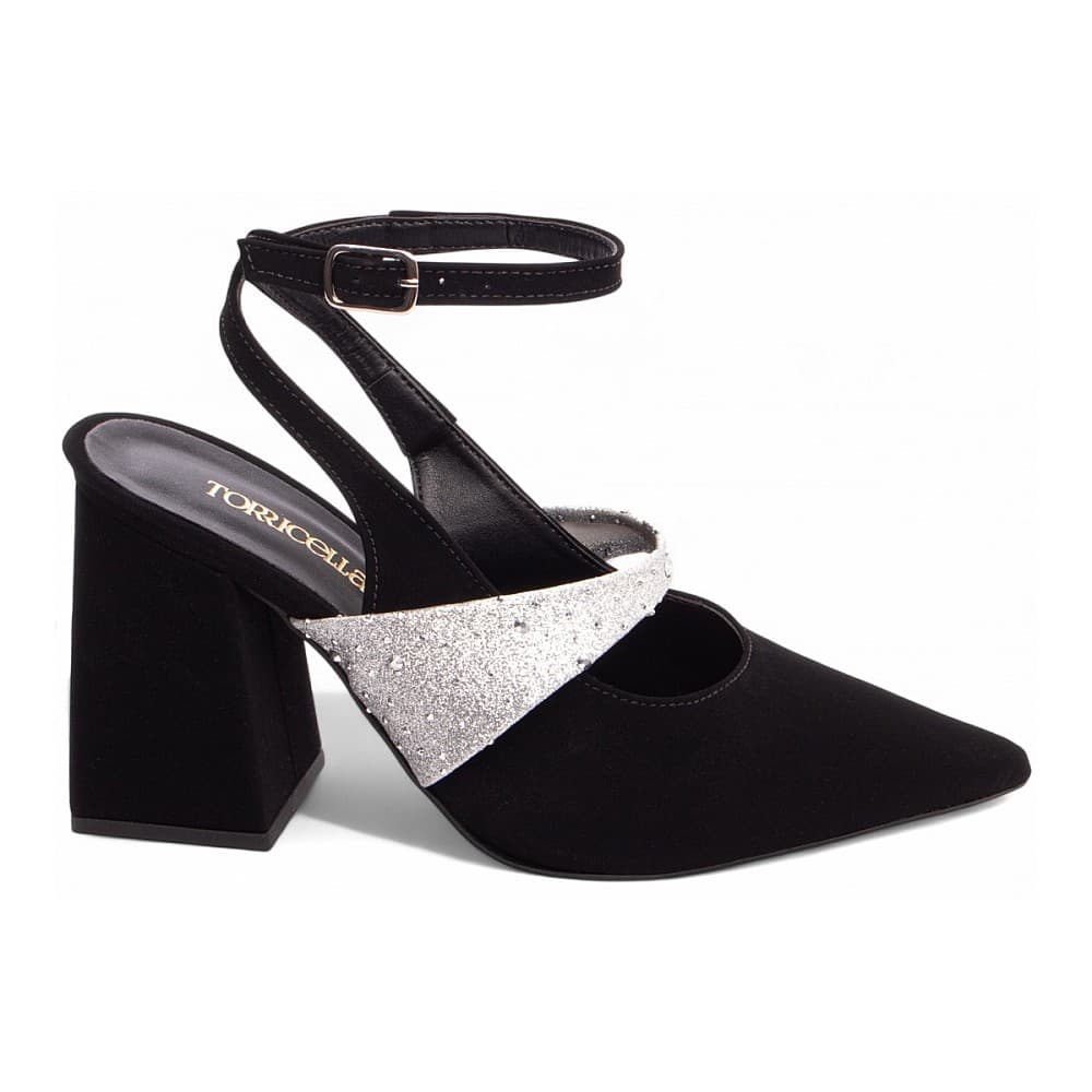 Sapato Scarpin  Salto Bloco Ajuste Fivela Bico Fino Nobuck Preto / Napa Glitter na cor Prata