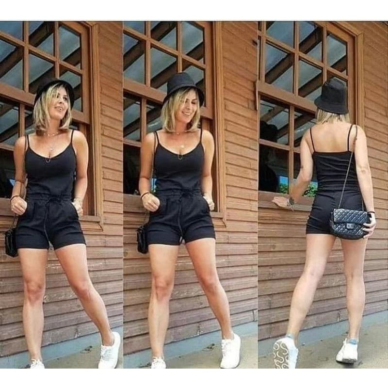 Macacão Preto Macaquinho shorts curto Alcinha Bengaline Moda Verão