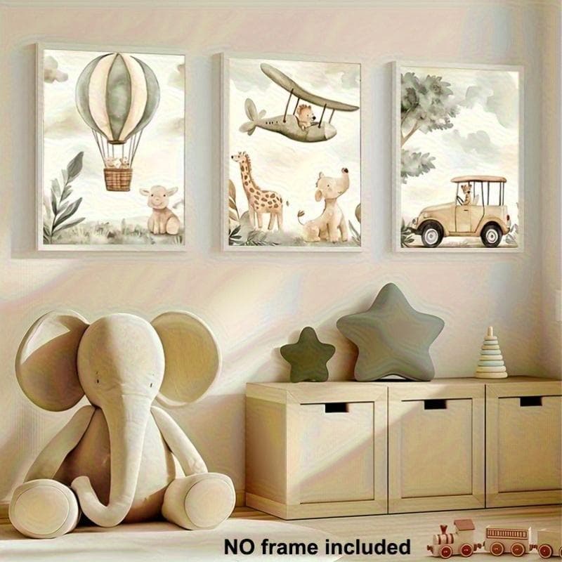 Quadro Decorativo 3 peças  Aventura mágica na selva com balão de ar girafa e animais divertidos