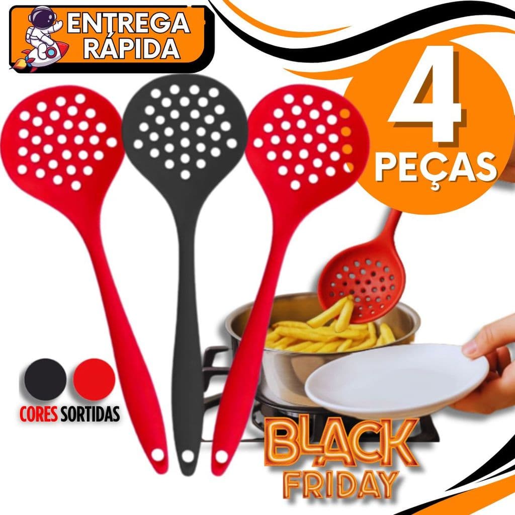 KIT JOGO 4 ESCUMADEIRA SILICONE 28,5cm Resistente a altas temperaturas para Arroz Colher Vazada Furada Utensilio Cozinha