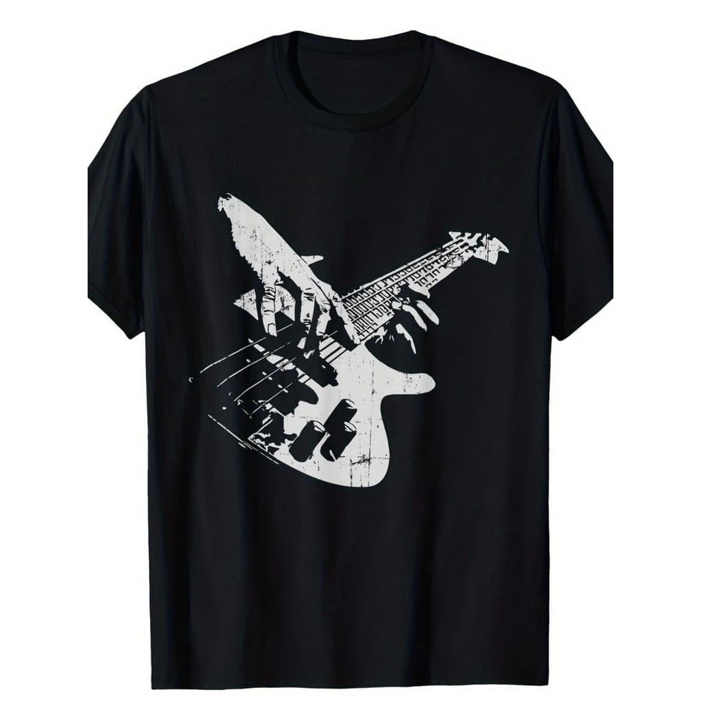 Camiseta Masculina Vintage Baixo Notas Musicais Preta Confortável Moderna Estilosa Verão Casual
