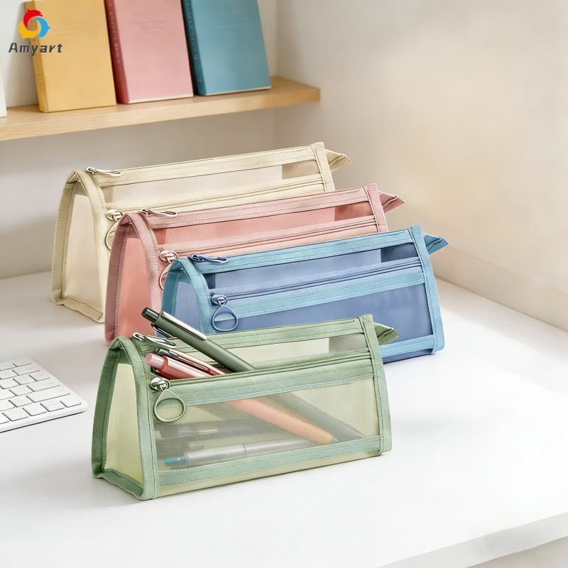 Estojo De Lápis Malha Transparente Com Alça Grande Capacidade Crianças Bolsa Caneta Material Escolar