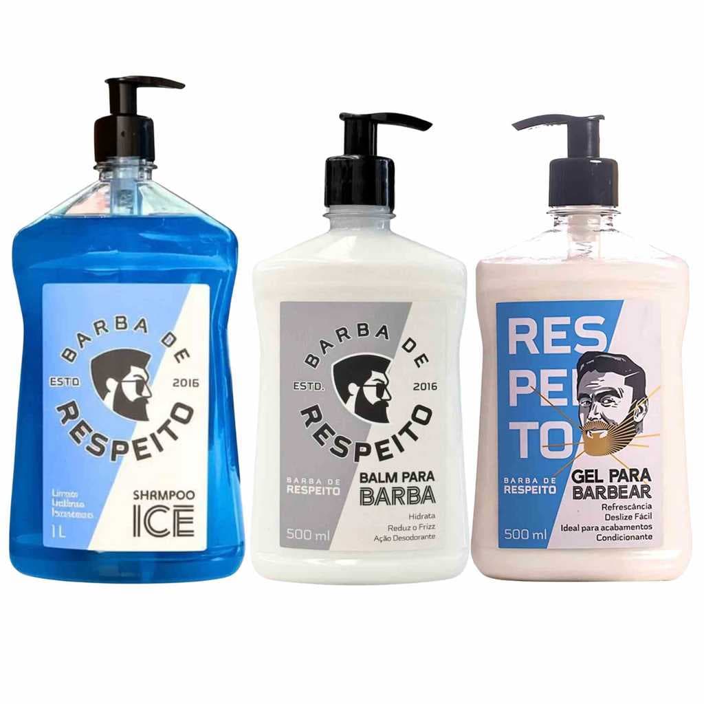 Kit Barba de Respeito Balm 500 ML + Shampoo  1 Litro + Gel 500ml para Barba e Cabelo