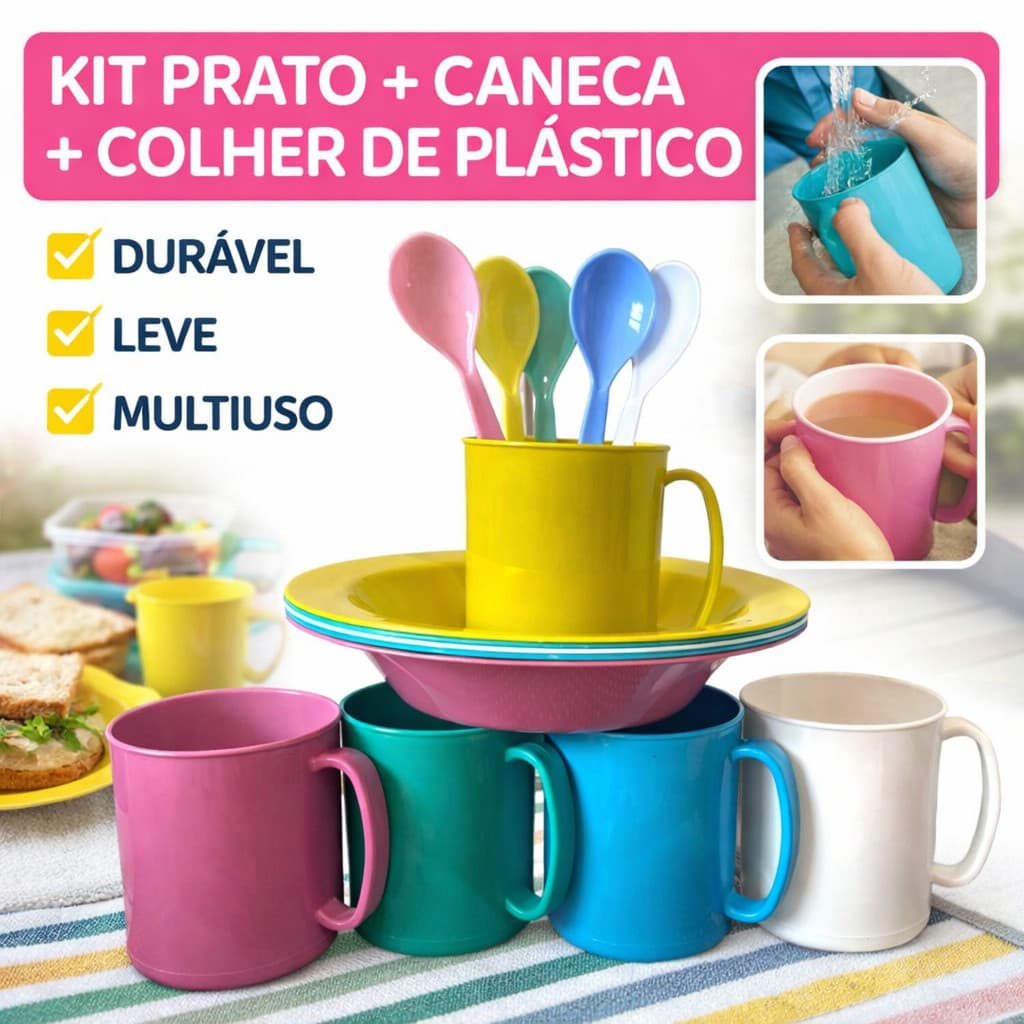 10 kits caneca prato colher de plástico resistente barato pronta entrega escola creche infantil