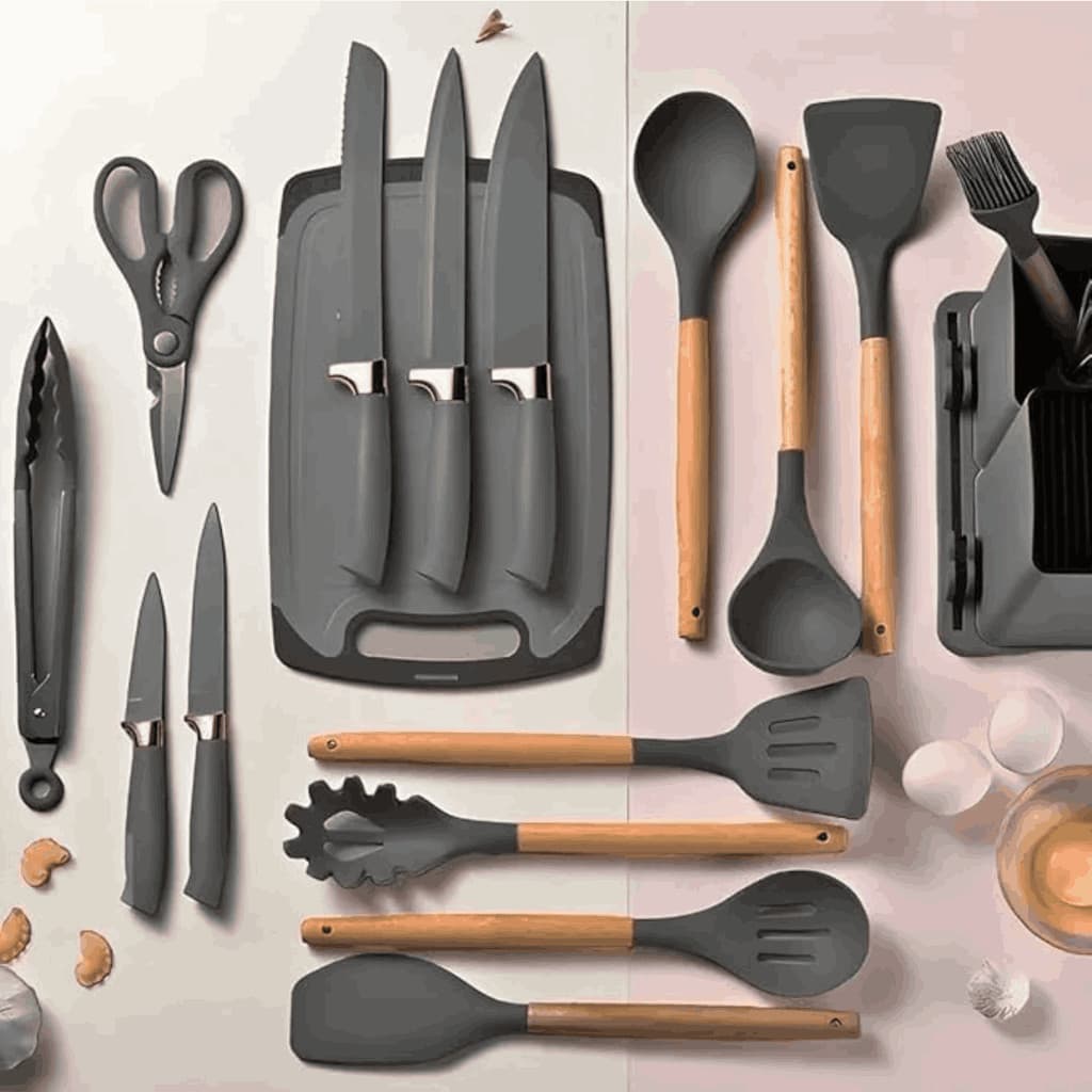 CINZA - Kit Completo Jogo Utensílios de Cozinha Luxo 19 Peças Com Tábua em Silicone Espátula Faca Tesoura