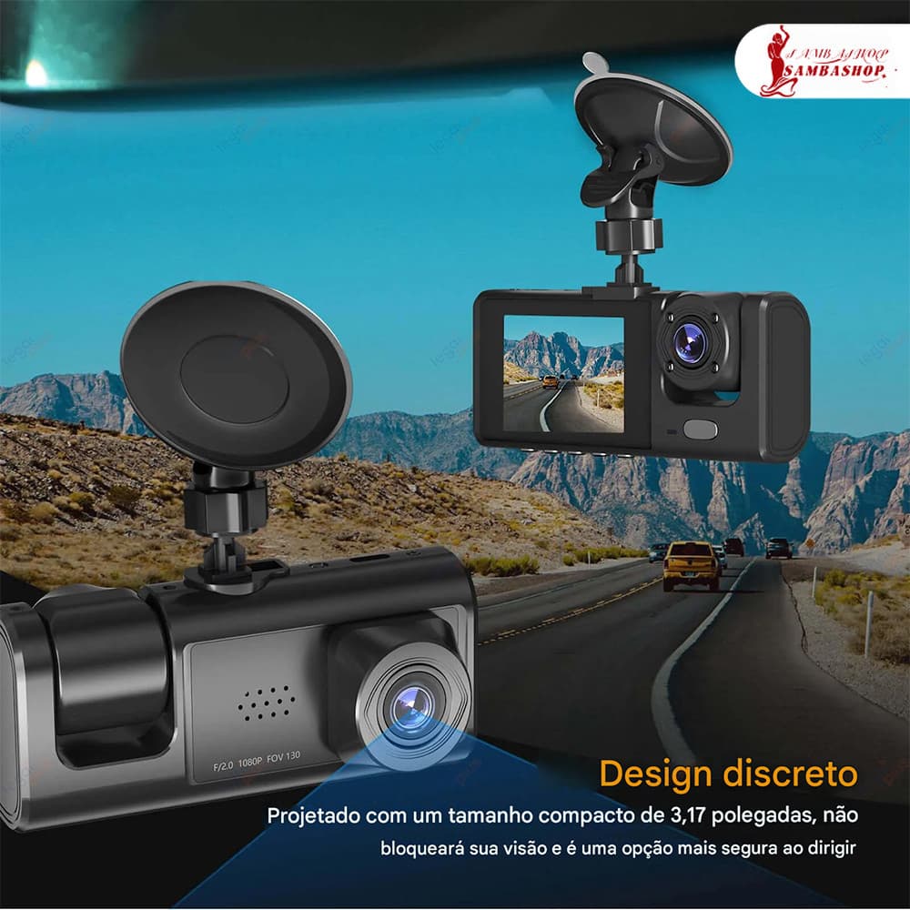 Câmera DVR WiFi 64GB, Espelho Retrovisor 3 Lentes, Gravação 1080P HD e Vigilância de Estacionamento 24h