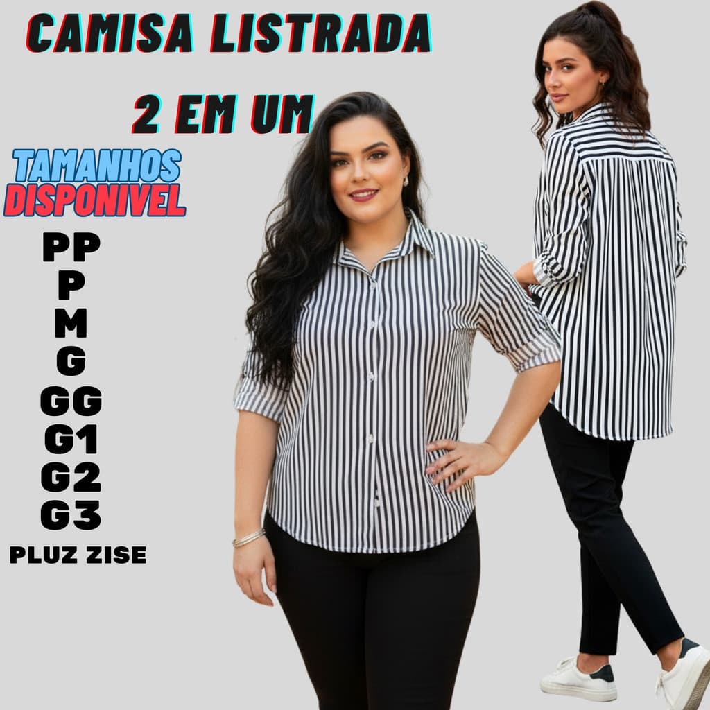 Blusa Feminina Listrada Crepinho Social Manga Longa Plus Size G1 G2 G3 Conforto Envio Já