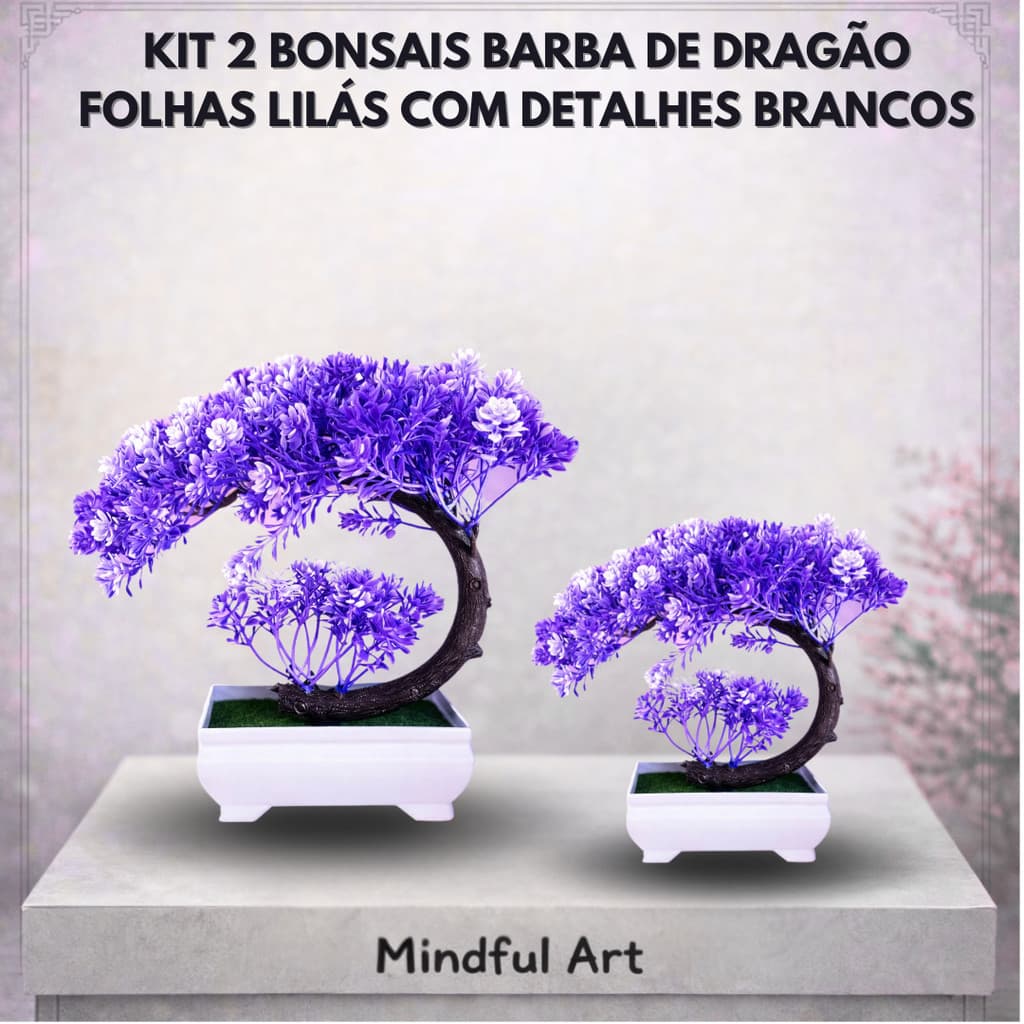 Kit 2 Bonsais Barba de Dragão Lilás Com Detalhes Brancos – Harmonia Estilo e Leveza